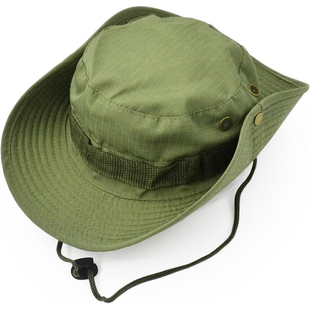 Unisex Olive Green 100% Polyester Wide Brim Boonie With Chin Strap Bush Sun Hat